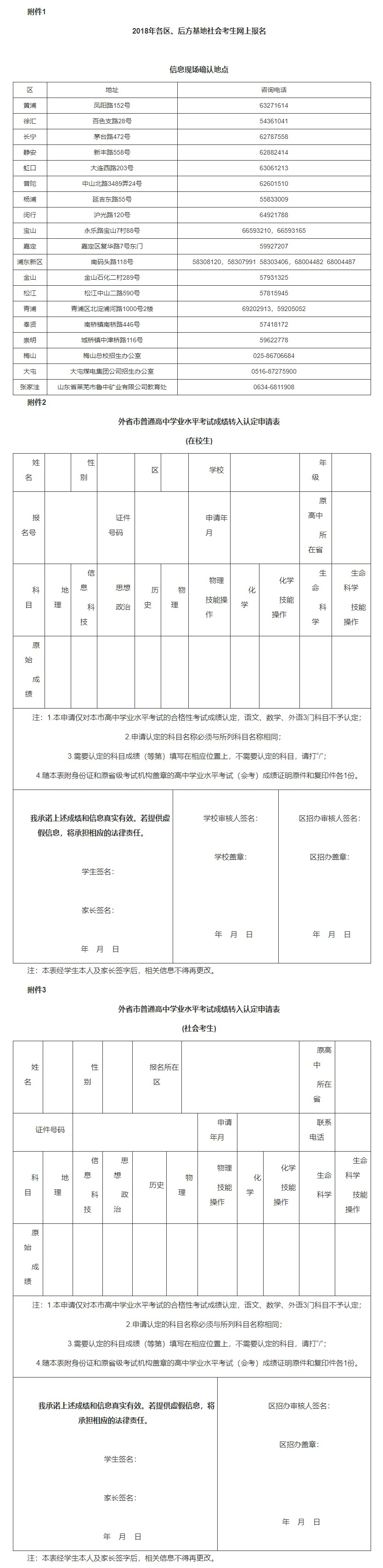 2018年上海各区、后方基地社会考生网上报名信息现场确认地点