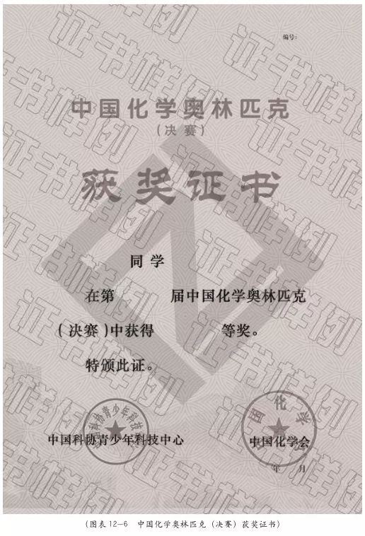 中国化学奥利匹克(决赛)获奖证书